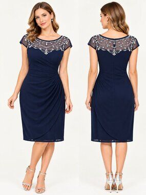 Navy Blue Cocktail Dress with Beaded Illusion Neckline – Elegant Party or Formal